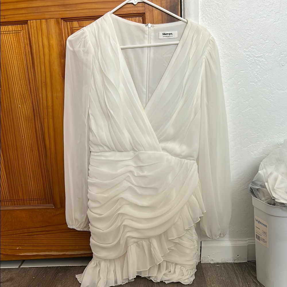 Showpo Cream Long Sleeve Ruffle Dress